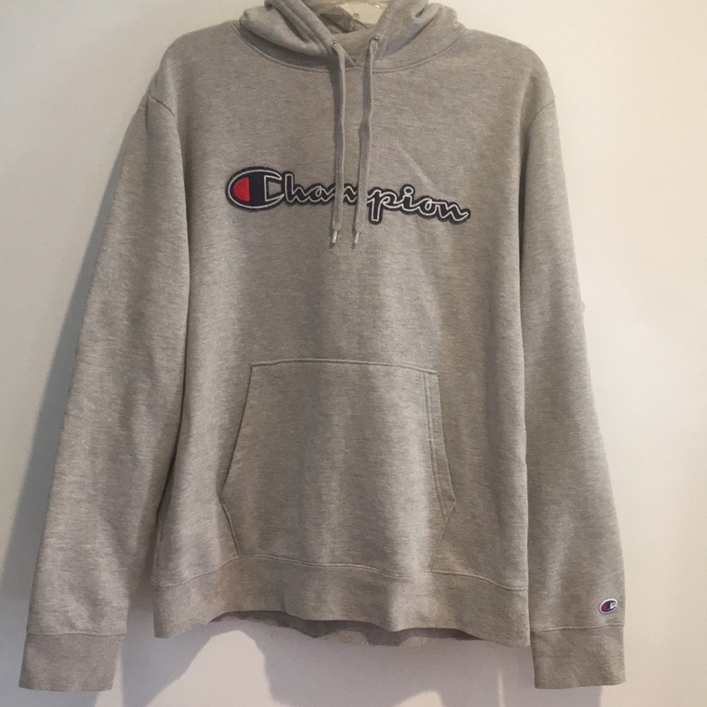 Champion Powerblend Fleece Script Logo Pullover Hoodie M Oxford Heather
